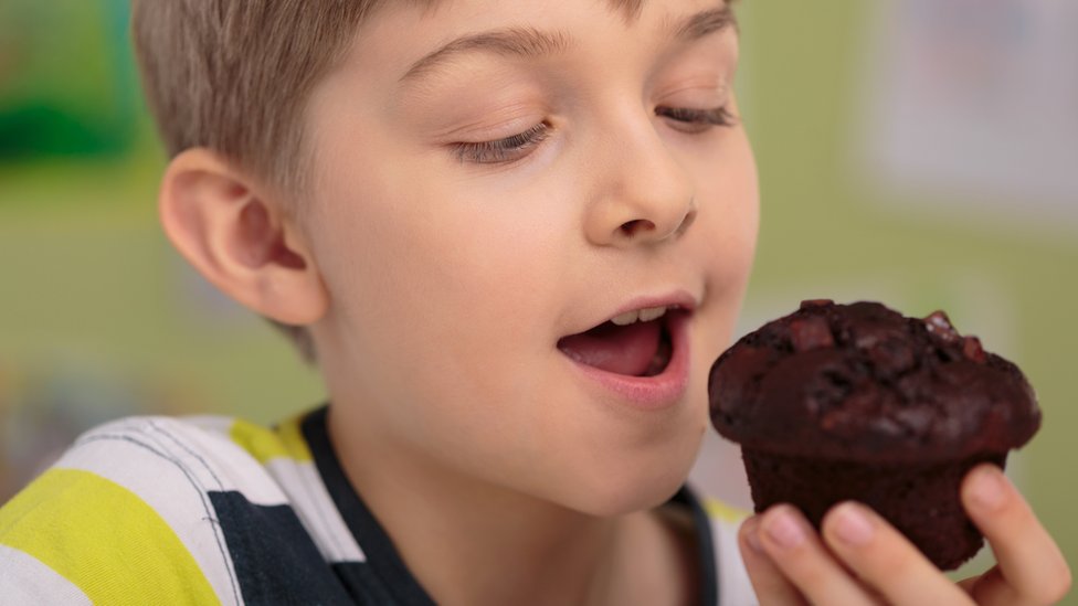 Boys eating a chocolate muffin