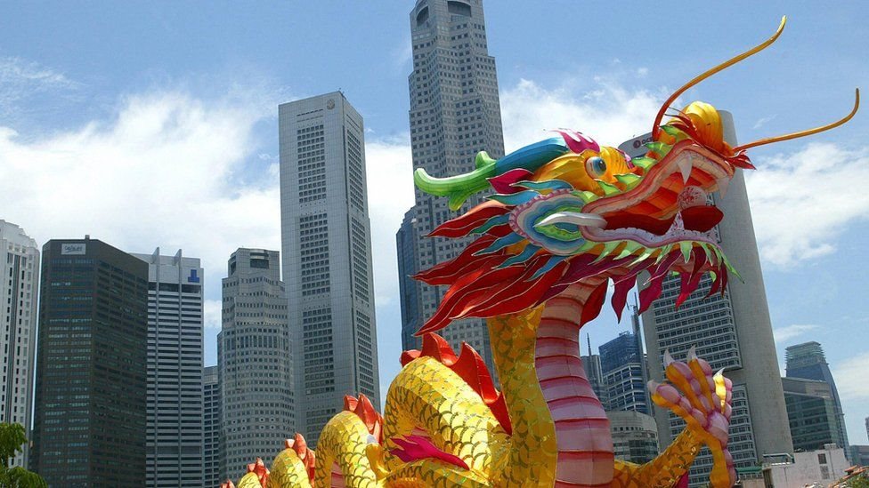 Dragón chino frente a unos rascacielos.