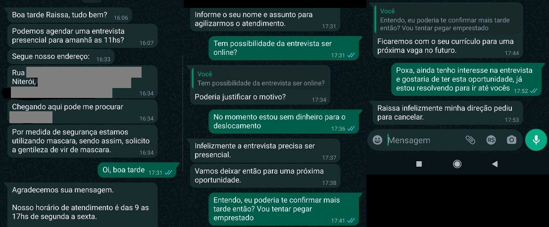 Conversa por WhatsApp entre Raíssa e a recrutadora