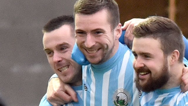 Warrenpoint players celebrate a 3-0 victory over Coleraine at Milltown