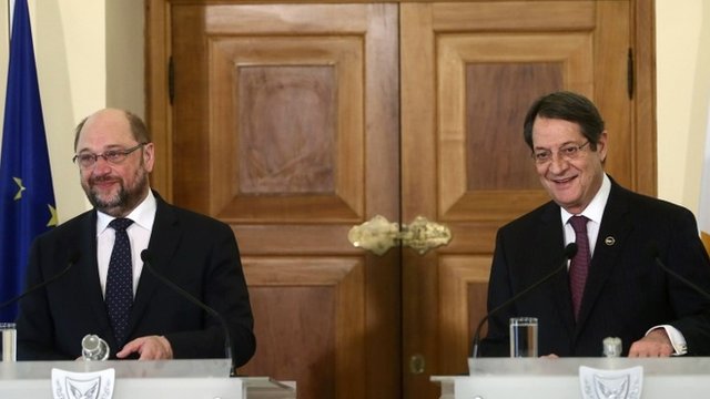 Cypriot President Nicos Anastasiades (R) and European Parliament President Martin Schulz holding a press conference after a meeting in the capital Nicosia.