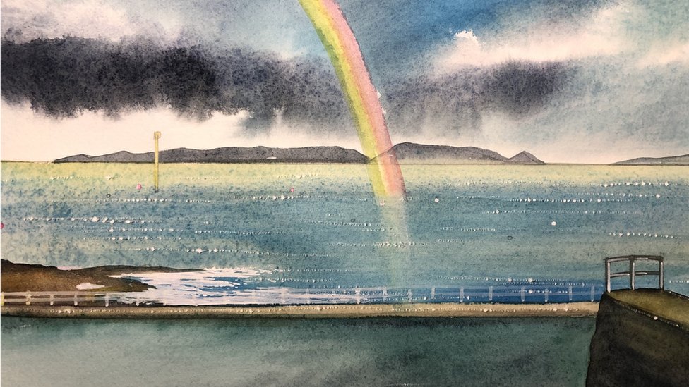 Акварельная картина радуги над бассейнами Гернси