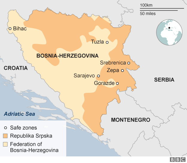 Карта, показывающая безопасные зоны в Боснии