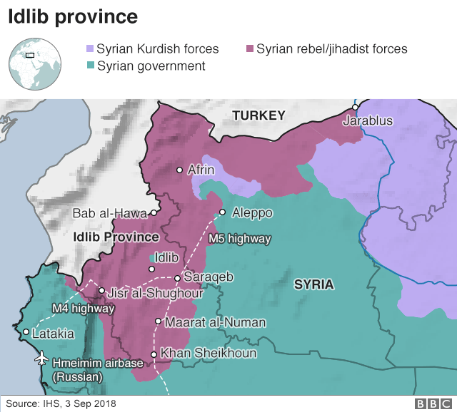 Карта, показывающая контроль над провинцией Идлиб, Сирия (3 сентября 2018 г.)