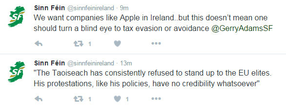 Твиты из аккаунта Шинн Фейн от 7 сентября. «Нам нужны такие компании, как Apple, в Ирландии, но это не значит, что нужно закрывать глаза на уклонение от уплаты налогов»