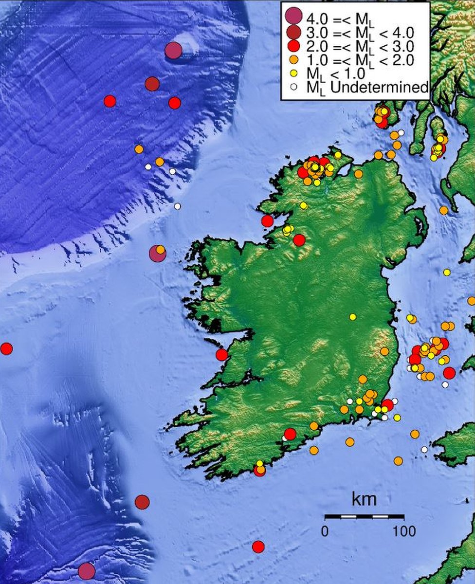 Карта, показывающая сейсмическую активность в Ирландии за последние 40 лет