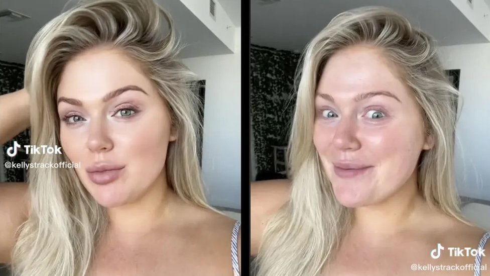 La usuaria de Tiktok, Kelly Strack -quien publica sobre maquillaje- demuestra cómo un filtro puede transformar su aspecto