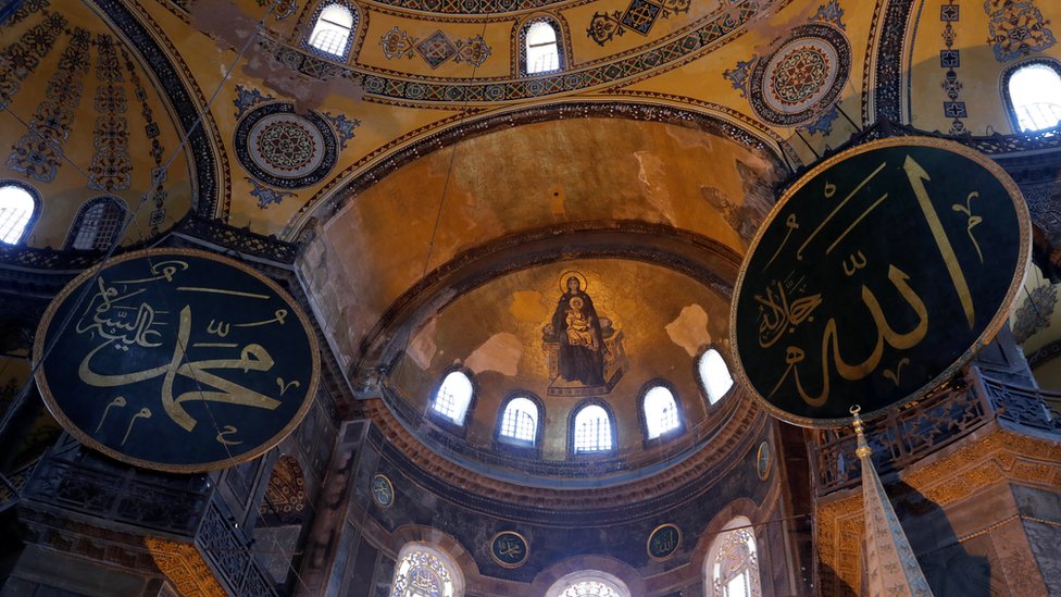 A mosaic depicting The Virgin Mary and Jesus is seen at Hagia Sophia or Ayasofy