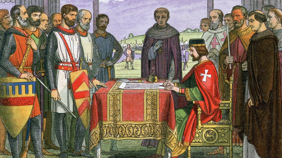 Ilustrasi Raja John meneken Magna Carta pada 1215 SM