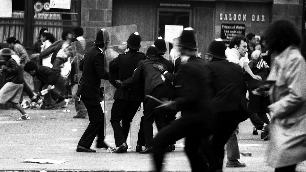 Photo dated 10 July 1981 of the Brixton riots