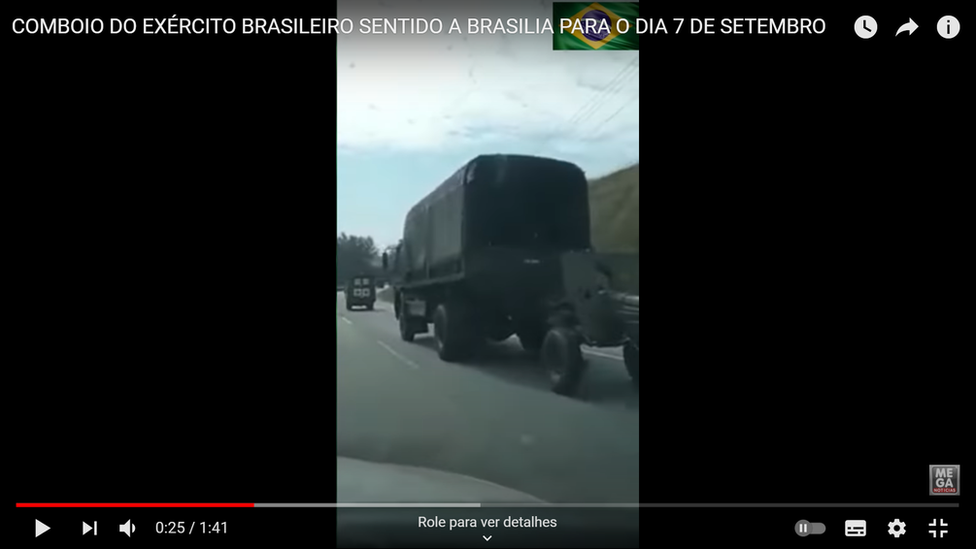 Reprodução de um vídeo com imagens de veículos do Exército