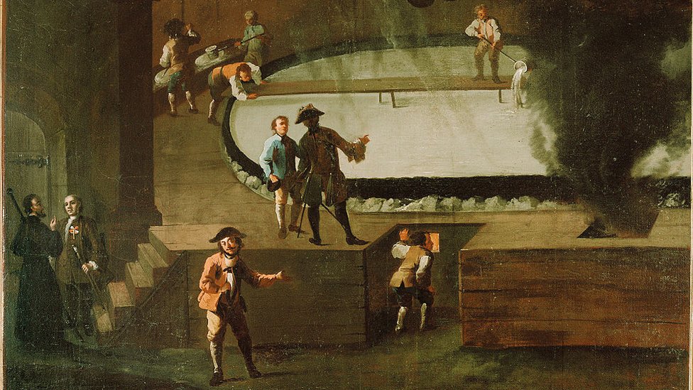 Trabajadores salinos y funcionarios de la mina de sal de Hallein, Salzburgo, siglo XVIII. Pintura de Benedikt Werksttter.