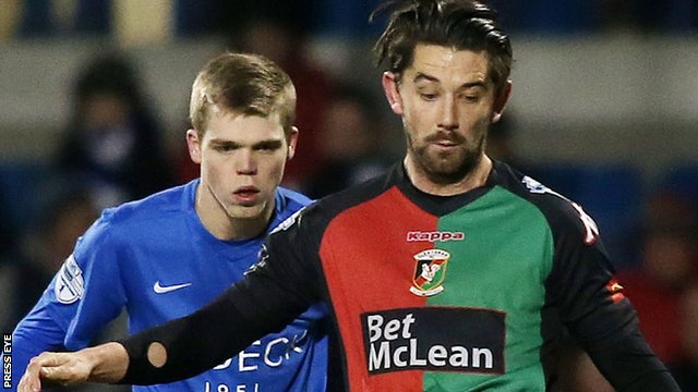 Glentoran's Curtis Allen scores twice in the Irish Premiership win over Glenavon
