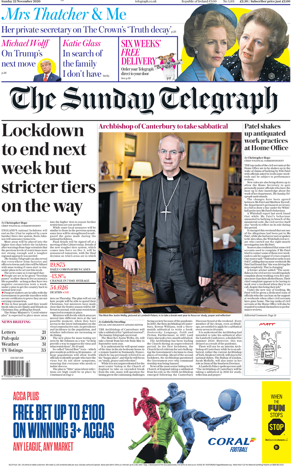 Первая страница The Sunday Telegraph 22 ноября 2020 г.