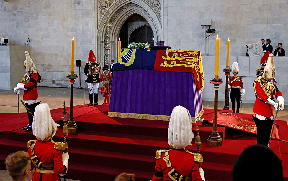 The coffin of Britain's Queen Elizabeth arrives at Westminster Hall from Buckingham Palace for her lying in state, in London, Britain, on 14 September 2022