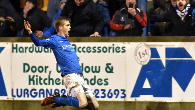 Glenavon's Rhys Marshall celebrates his late winner against Portadown