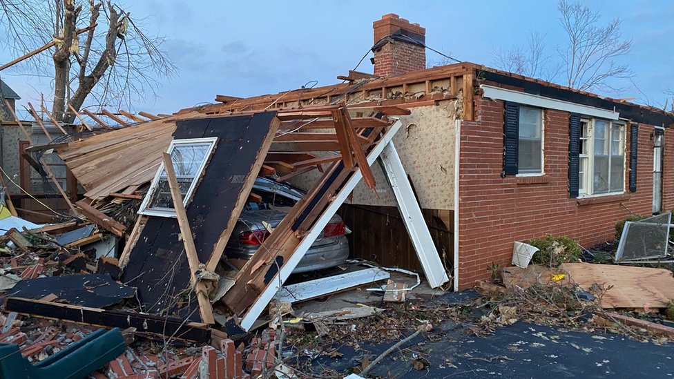 A house partially destroyed in Bowling Green, Kentucky