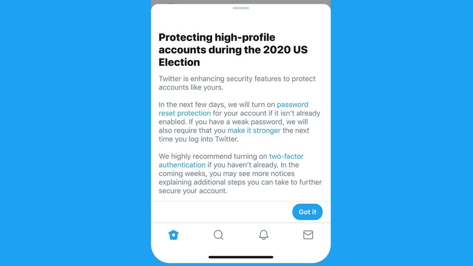 Снимок экрана из твиттера, на котором показано, как будет выглядеть уведомление, говорящее пользователям, что это «усиление функций безопасности для защиты таких учетных записей, как ваша»
