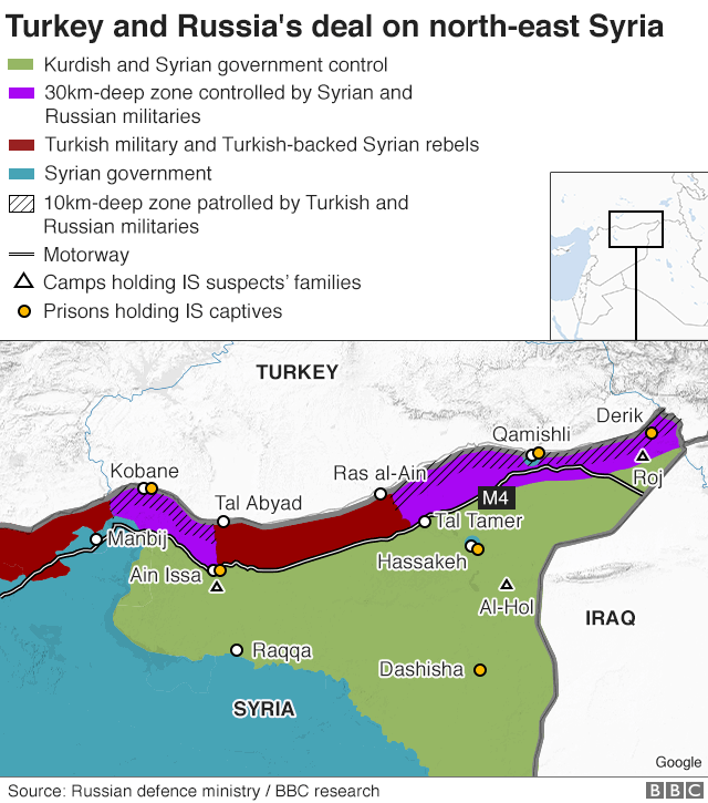 Карта, показывающая сделку между Турцией и Россией по северо-востоку Сирии