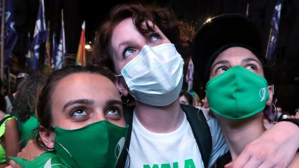 Demonstrators in favour of legalizing abortion gather as the senate debates an abortion bill, in Buenos Aires, Argentina, December 30, 2020.