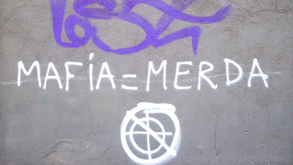 Las tácticas que usaban esos barones de los limonares, organizados clandestinamente y dispersados en lugares claves, se volvieron comunes y se internacionalizaron. Grafiti en muro en Sicilia que dice Mafia = Merda