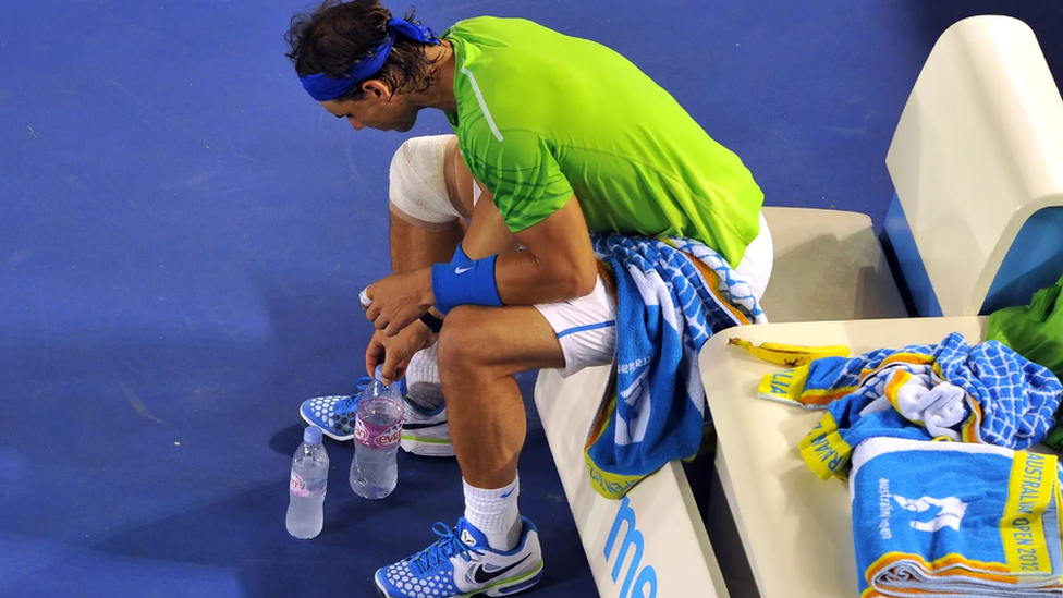 Rafael Nadal during a rest period in a tennis match