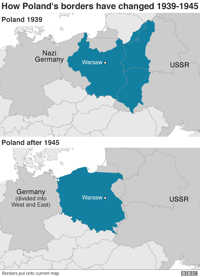 Карта с изображением Польши до 1939 г. и Польши после 1945 г.