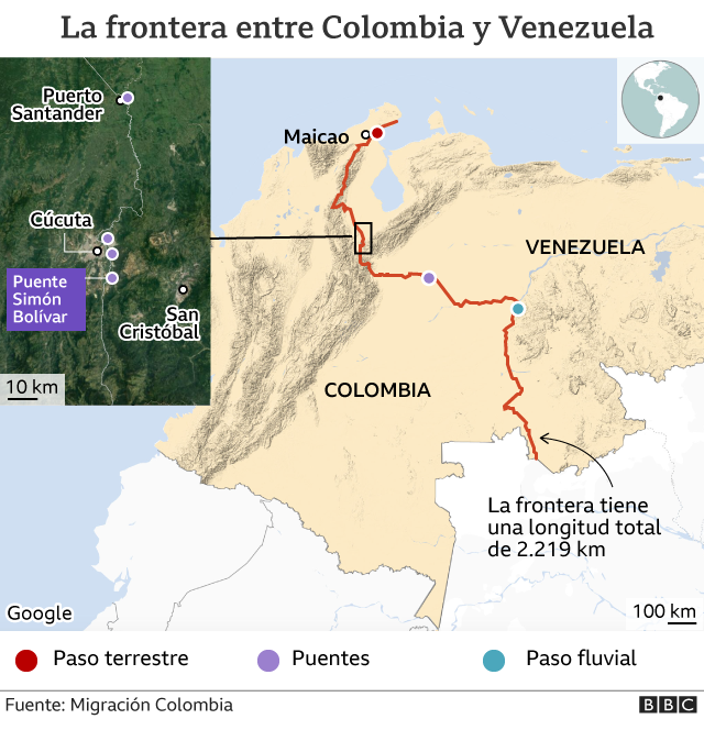 Mapa mostrando la frontera entre Colombia y Venezuela