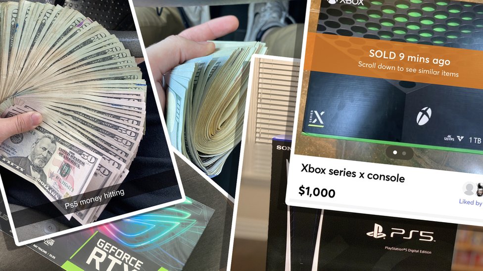 Фотографии людей, держащих большие стопки банкнот по 20 и 100 долларов, вместе с фотографиями консолей PlayStation и Xbox, представлены здесь скомпилированными в иллюстрацию, поэтому они выглядят как распечатанные фотографии, разбросанные по столу