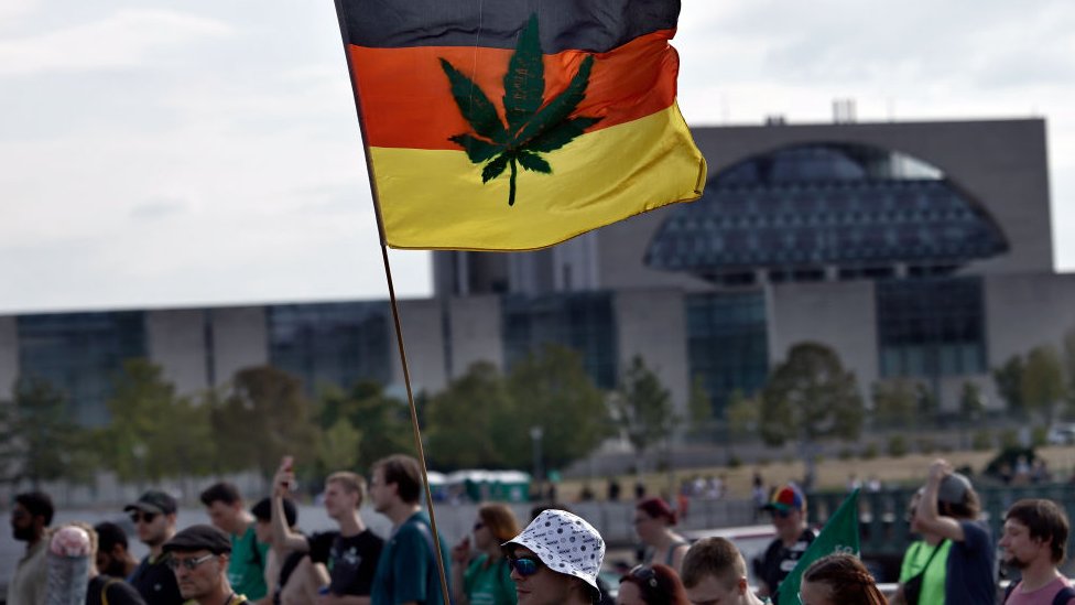 Activists demonstrating for the legalisation of marijuana march in the annual Hemp Parade (Hanfparade) on August 13, 2022 in Berlin, Germany