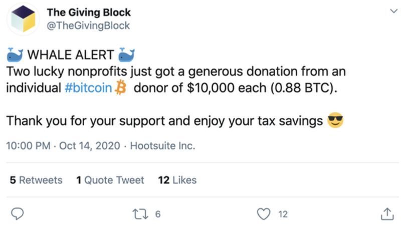 加密貨幣捐款平台The Giving Block推文感謝捐款