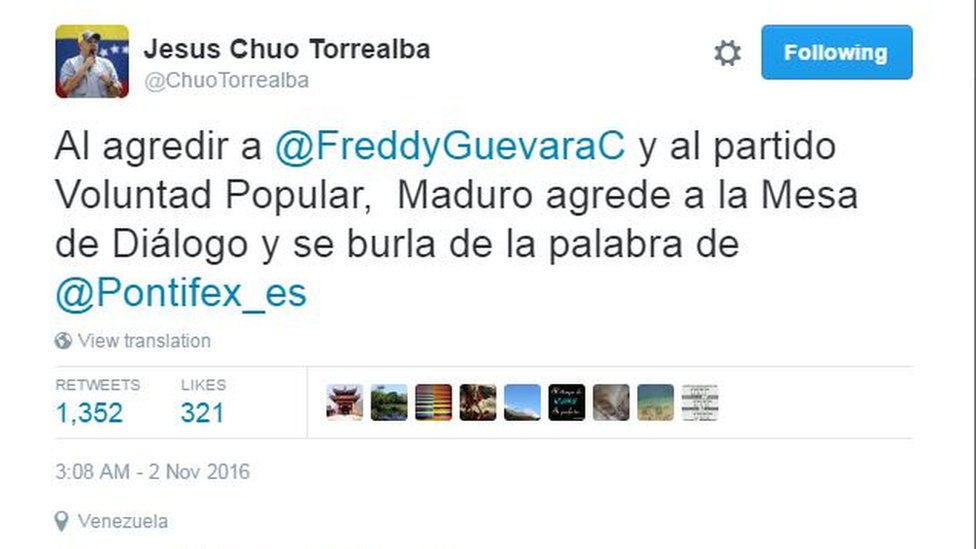 В Твиттере: «Нападая на Фредди Гевару и Popular Will, Мадуро атакует стол переговоров и издевается над словом @ Pontifex-es»