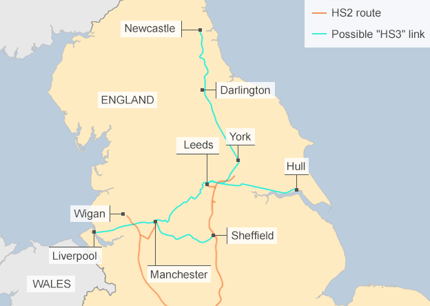 Карта, показывающая железнодорожные маршруты между городами на севере Англии, которые, вероятно, будут включены в предлагаемый проект железной дороги HS3