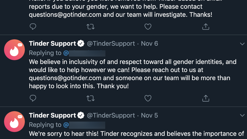 Страница поддержки Tinder