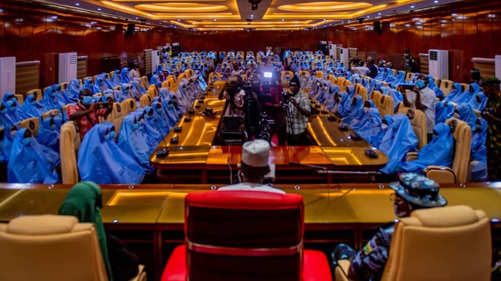 Girls in blue hijab at Zamfara state government house