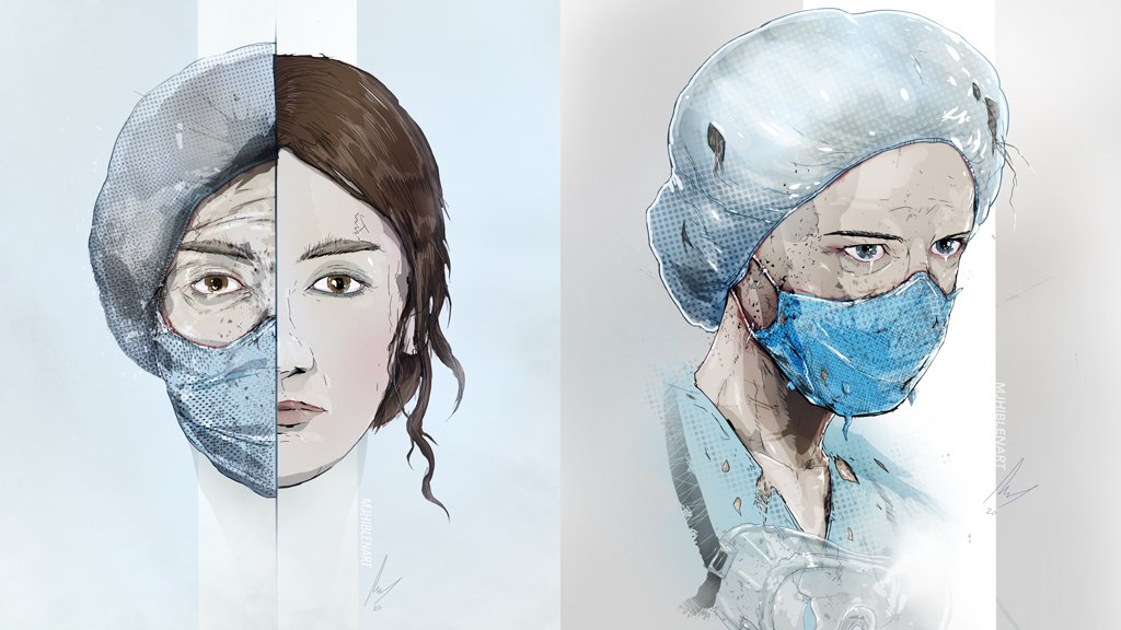 Две иллюстрации женщин-медработниц, выглядящих измученными, но решительными. У обоих есть видимые следы в местах синяков на лицах СИЗ