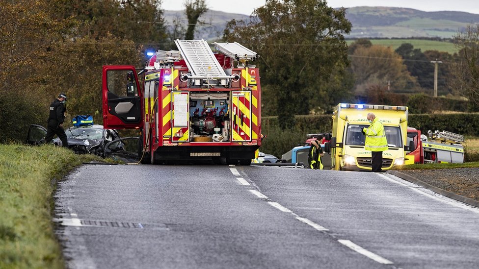 Car and bus crash in Downpatrick Road, Clough