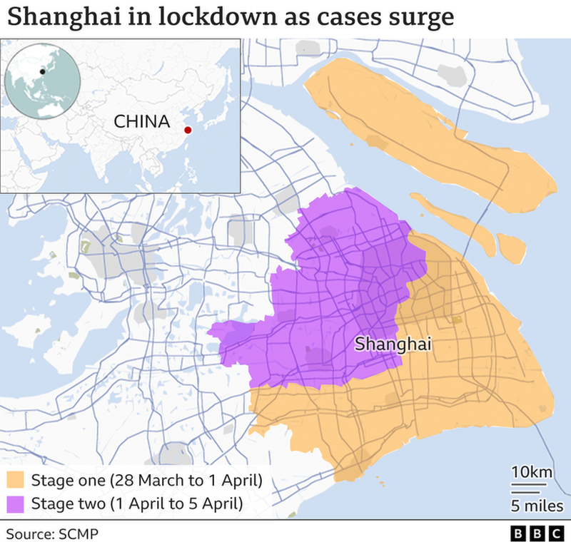 Map of Shanghai two-stage lockdown