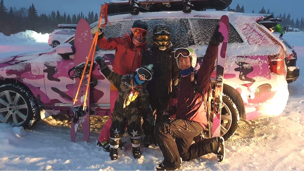 Image shows the Boson family on a skiing trip