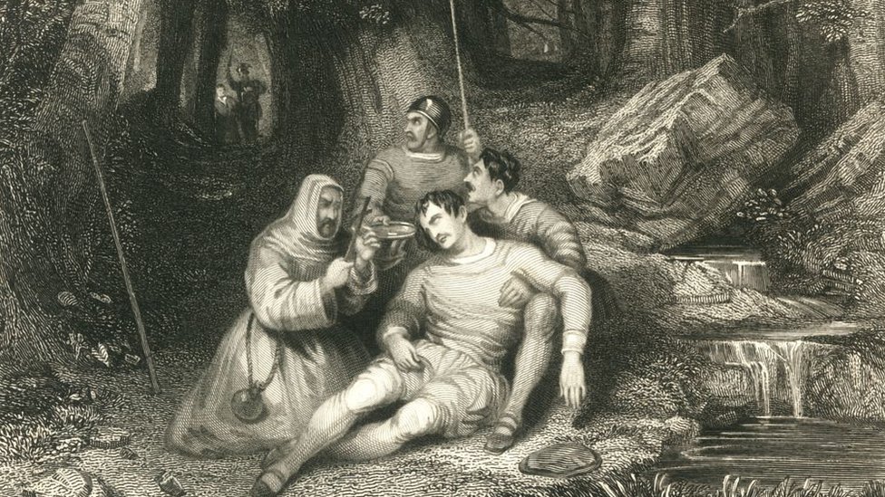 Death of Llewellyn, circa 1836, depicts the death of Llywelyn ap Gruffudd at the Battle of Orewin Bridge near Builth Wells on 11 December 1282. Artist Unknown.