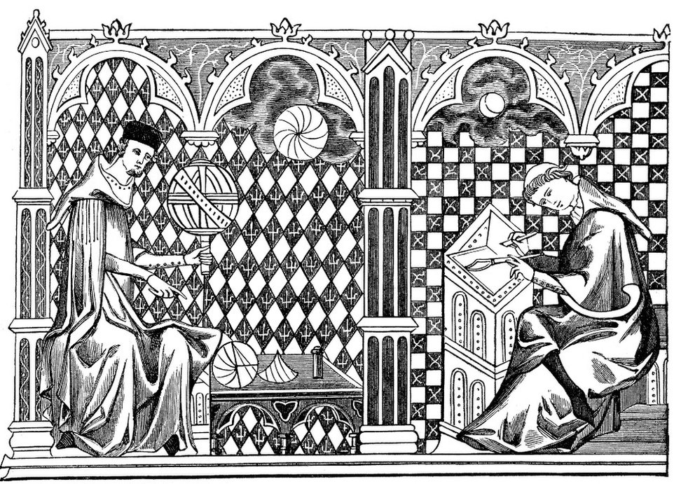 Ilustración del siglo XIII, de monjes matemáticos.