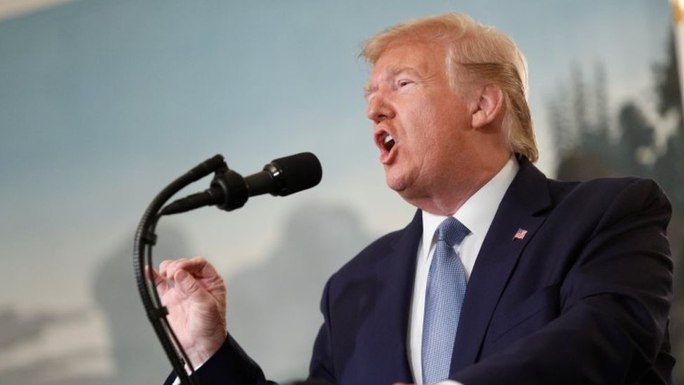 الرئيس الأمريكي دونالد ترامب يلقي بيانًا في القاعة الدبلوماسية للبيت الأبيض في واشنطن في 23 أكتوبر 2019.