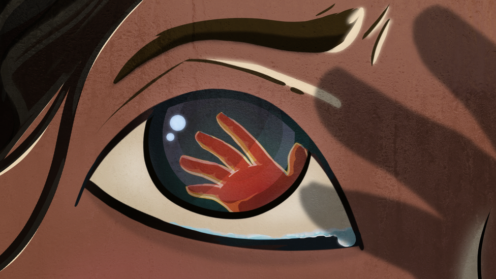 Ilustración de un una mano sobre un ojo pidiendo ayuda.