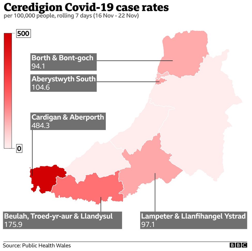 Карта, показывающая самые высокие уровни заражения в Ceredigion