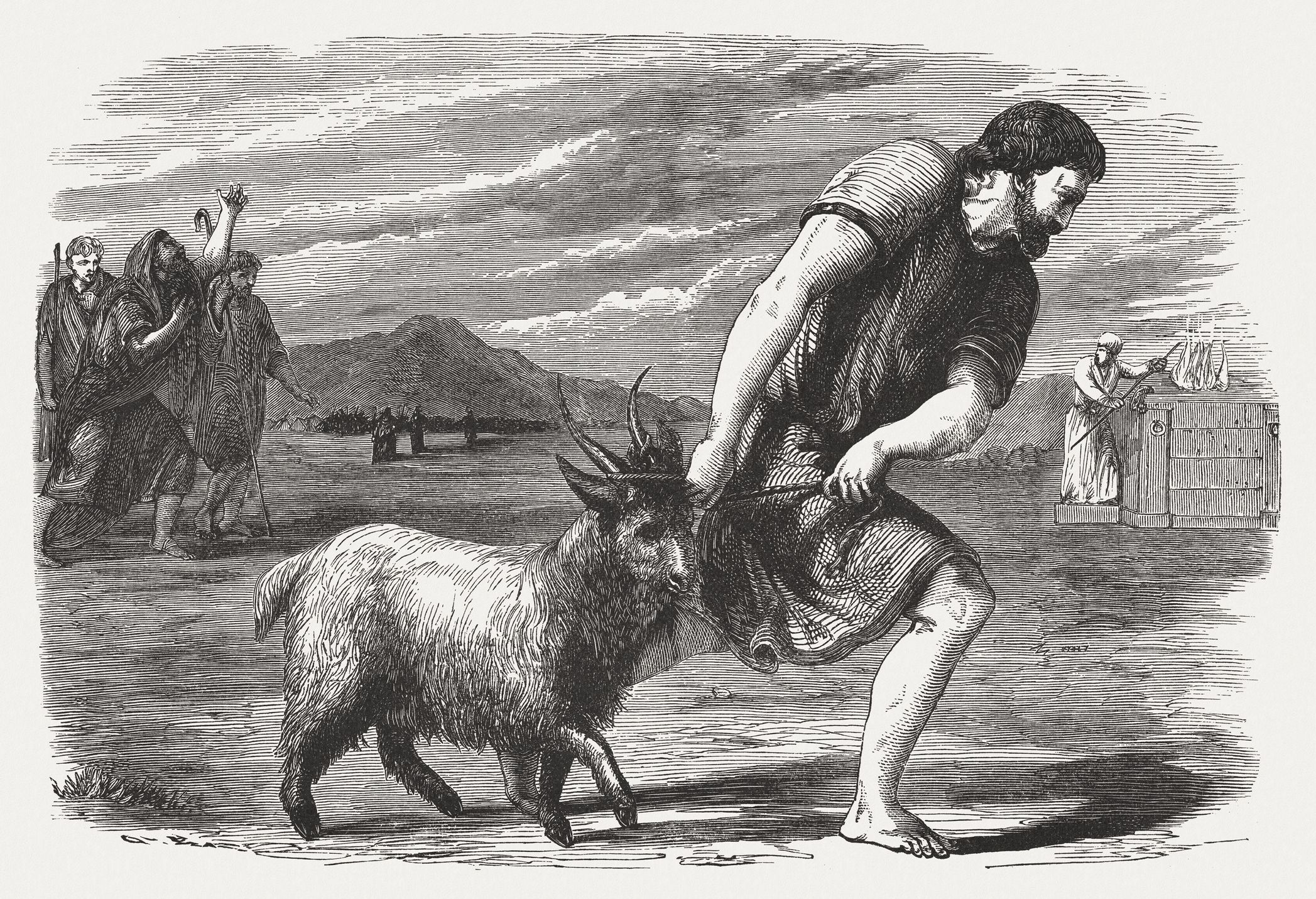 Crtež čoveka koji vodi kozu na klanje