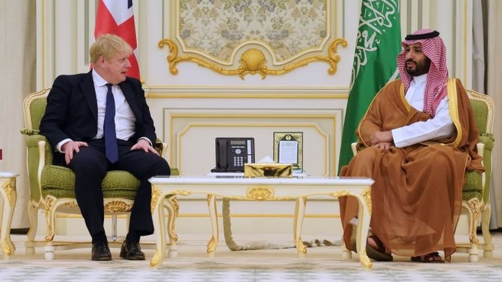 Prime Minister Boris Johnson is welcomed by Mohammed bin Salman Crown Prince of Saudi Arabia