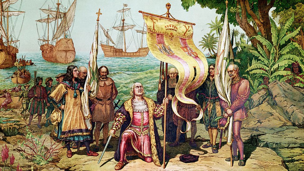 Ilustración del momento en que Cristóbal Colón llega al 