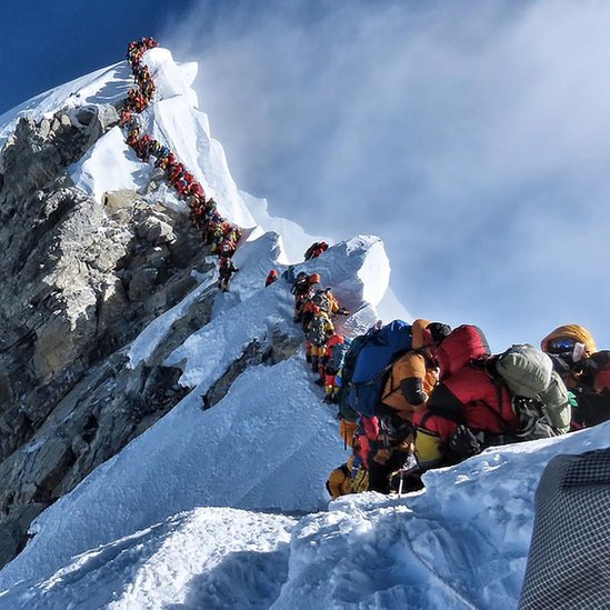 Fila de montañistas para ascender a la cima del Everest.