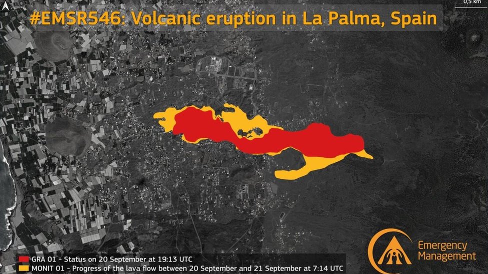 Imagem de satélite mostra em vermelho como a lava estava espalhada no dia 19 e, em amarelo, como está agora