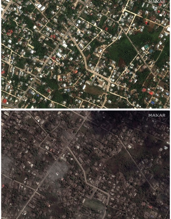 Casas en Tonga el 29 de diciembre (arriba), y el 18 de enero luego de la explosión.